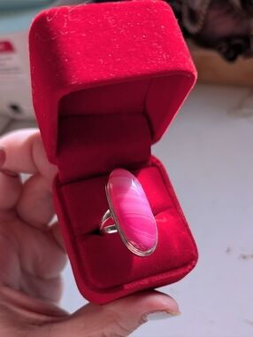 Vintage Pink Agate Oval Statement Ring In Sterling Silver Size 9.75
